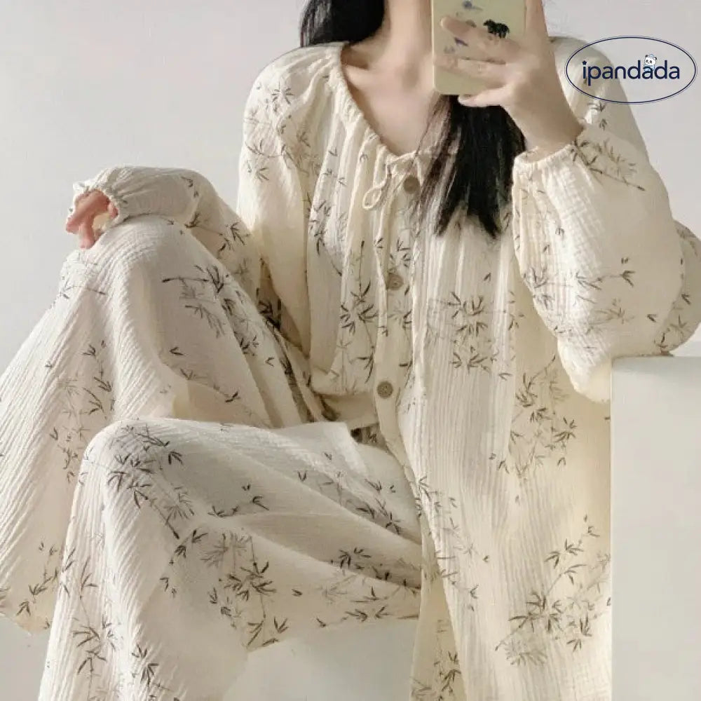 【出産祝い/産後ケアに】 ガーゼ パジャマ レディース 長袖 春秋 かわいい 産褥 入院 マタニティ 大きいサイズ やさしい肌触り 吸湿速乾 部屋着 セット プレゼント ID4402 レディース＞セットアップ