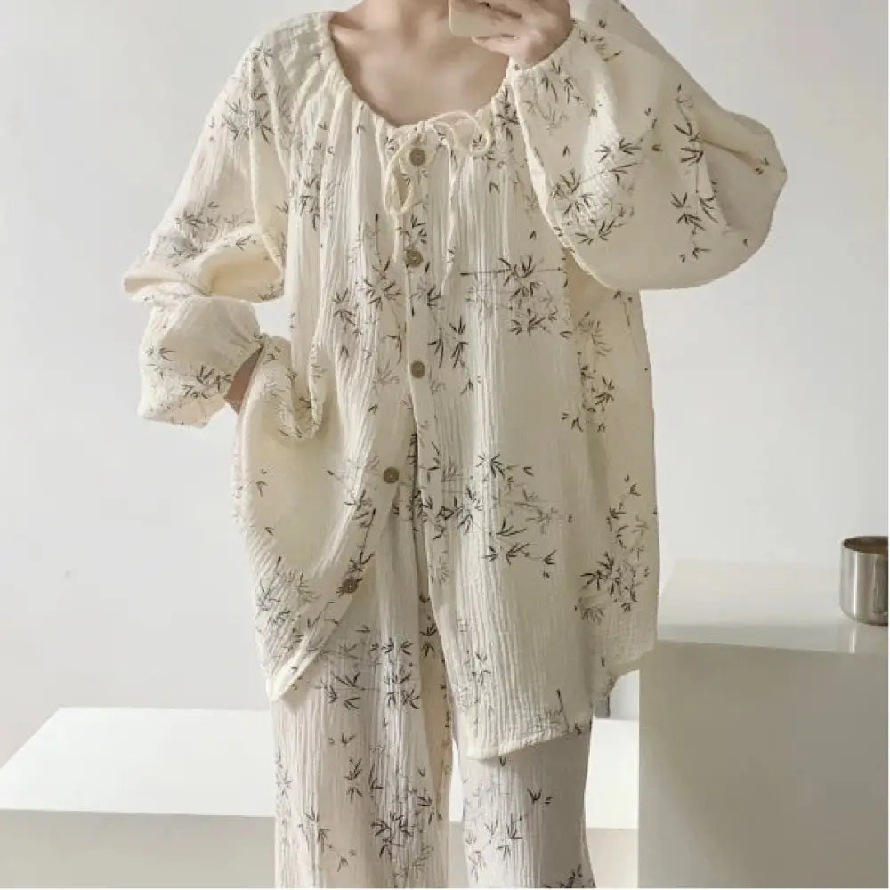 【出産祝い/産後ケアに】 ガーゼ パジャマ レディース 長袖 春秋 かわいい 産褥 入院 マタニティ 大きいサイズ やさしい肌触り 吸湿速乾 部屋着 セット プレゼント ID4402 写真通り / S レディース＞セットアップ