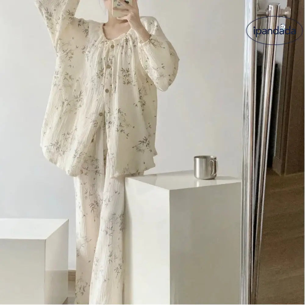 【出産祝い/産後ケアに】 ガーゼ パジャマ レディース 長袖 春秋 かわいい 産褥 入院 マタニティ 大きいサイズ やさしい肌触り 吸湿速乾 部屋着 セット プレゼント ID4402 レディース＞セットアップ