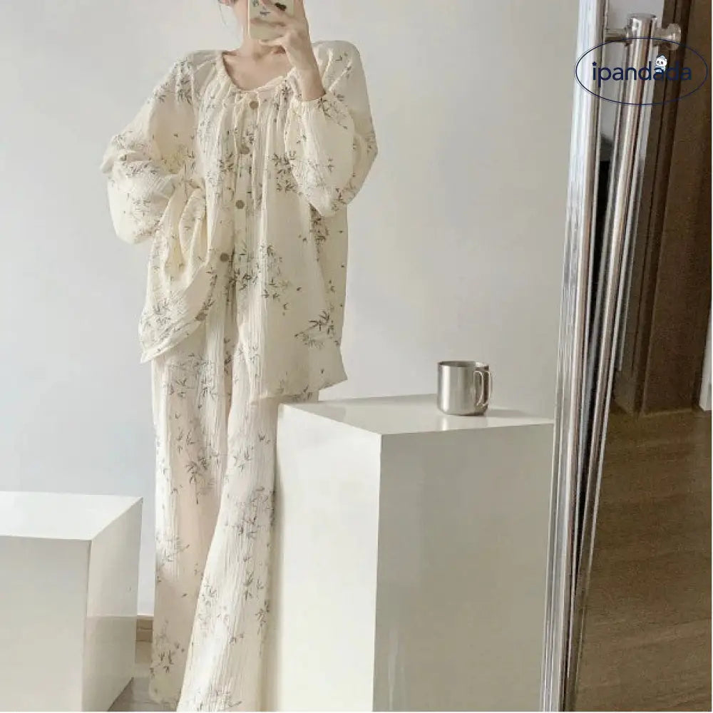 【出産祝い/産後ケアに】 ガーゼ パジャマ レディース 長袖 春秋 かわいい 産褥 入院 マタニティ 大きいサイズ やさしい肌触り 吸湿速乾 部屋着 セット プレゼント ID4402 レディース＞セットアップ