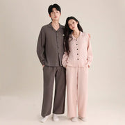春秋 カップル パジャマ 柔らかい 綿 ダブルレイヤー シフォンカラー 長袖 ロングパンツ 薄手 男女兼用 ルームウェア ID2726