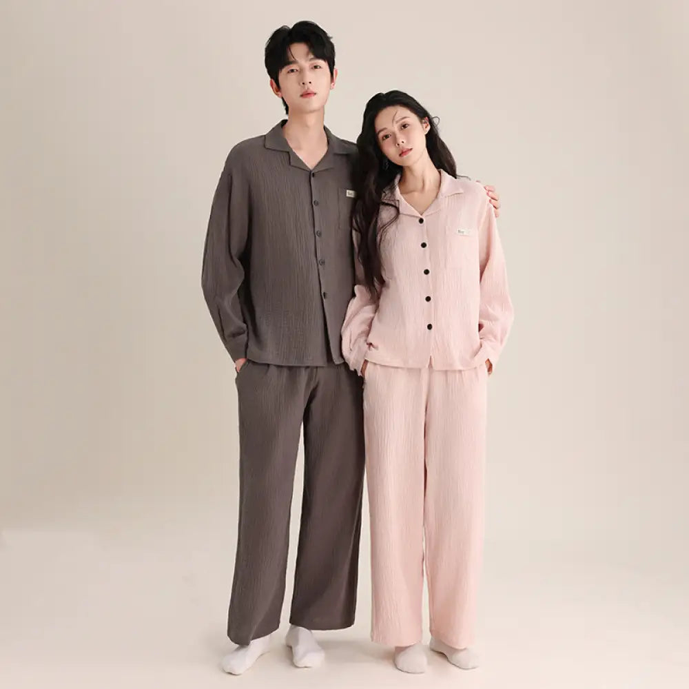 春秋 カップル パジャマ 柔らかい 綿 ダブルレイヤー シフォンカラー 長袖 ロングパンツ 薄手 男女兼用 ルームウェア ID2726