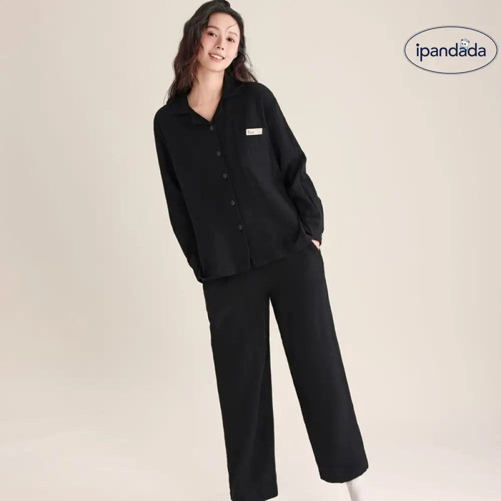 春秋 カップル パジャマ 柔らかい 綿 ダブルレイヤー シフォンカラー 長袖 ロングパンツ 薄手 男女兼用 ルームウェア ID2726