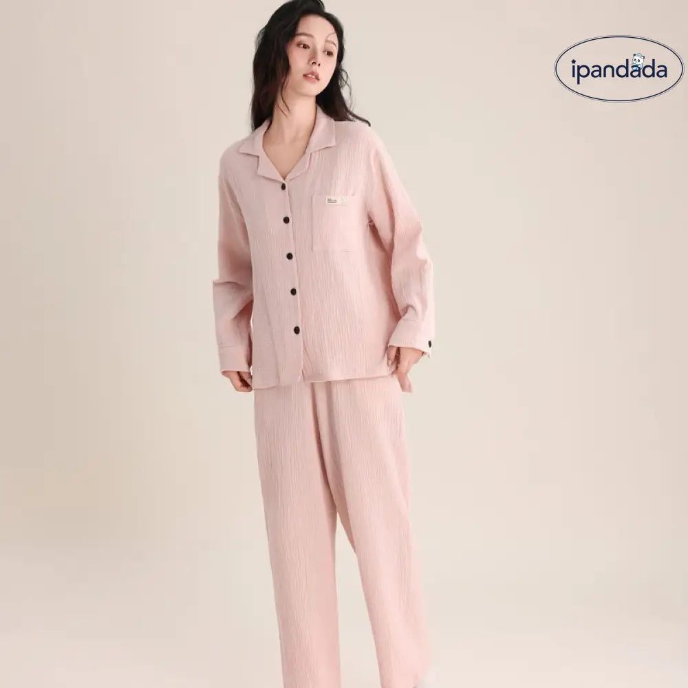 春秋 カップル パジャマ 柔らかい 綿 ダブルレイヤー シフォンカラー 長袖 ロングパンツ 薄手 男女兼用 ルームウェア ID2726