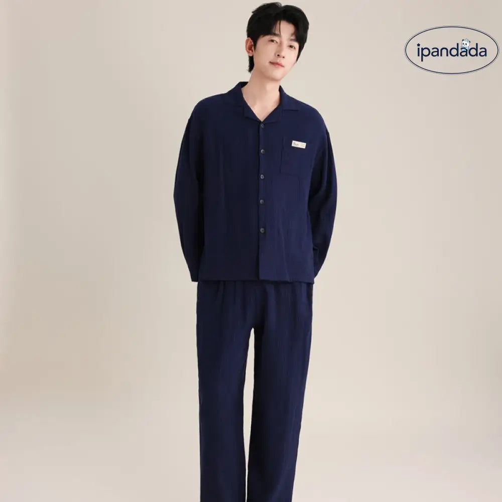 春秋 カップル パジャマ 柔らかい 綿 ダブルレイヤー シフォンカラー 長袖 ロングパンツ 薄手 男女兼用 ルームウェア ID2726