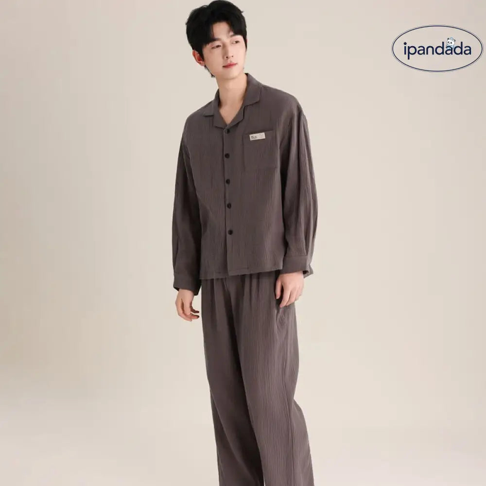 春秋 カップル パジャマ 柔らかい 綿 ダブルレイヤー シフォンカラー 長袖 ロングパンツ 薄手 男女兼用 ルームウェア ID2726