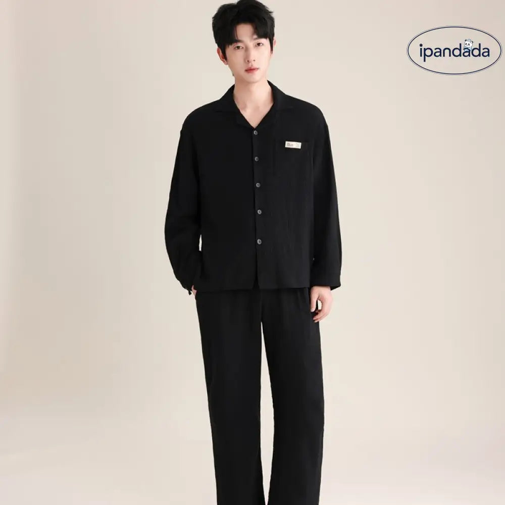 春秋 カップル パジャマ 柔らかい 綿 ダブルレイヤー シフォンカラー 長袖 ロングパンツ 薄手 男女兼用 ルームウェア ID2726