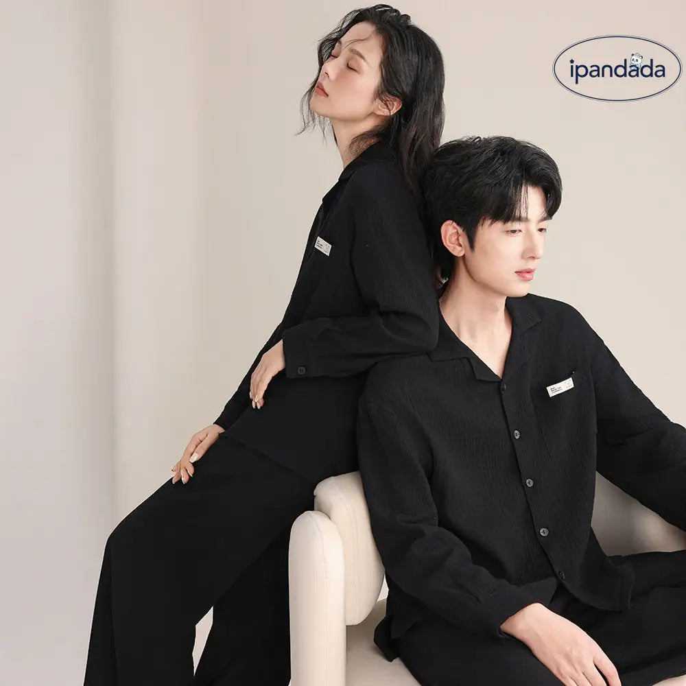 春秋 カップル パジャマ 柔らかい 綿 ダブルレイヤー シフォンカラー 長袖 ロングパンツ 薄手 男女兼用 ルームウェア ID2726