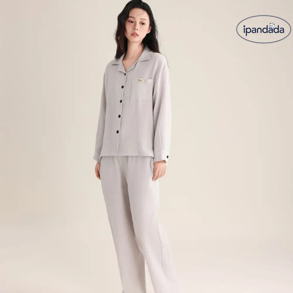 春秋 カップル パジャマ 柔らかい 綿 ダブルレイヤー シフォンカラー 長袖 ロングパンツ 薄手 男女兼用 ルームウェア ID2726