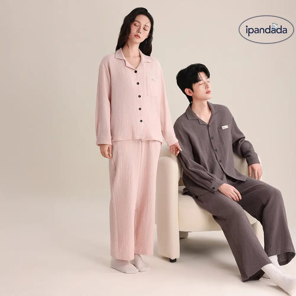 春秋 カップル パジャマ 柔らかい 綿 ダブルレイヤー シフォンカラー 長袖 ロングパンツ 薄手 男女兼用 ルームウェア ID2726