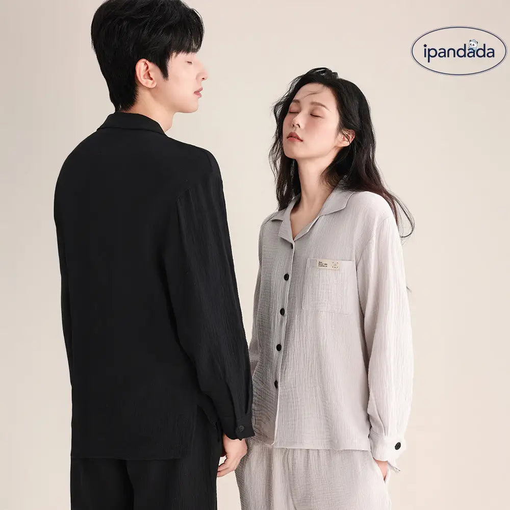 春秋 カップル パジャマ 柔らかい 綿 ダブルレイヤー シフォンカラー 長袖 ロングパンツ 薄手 男女兼用 ルームウェア ID2726