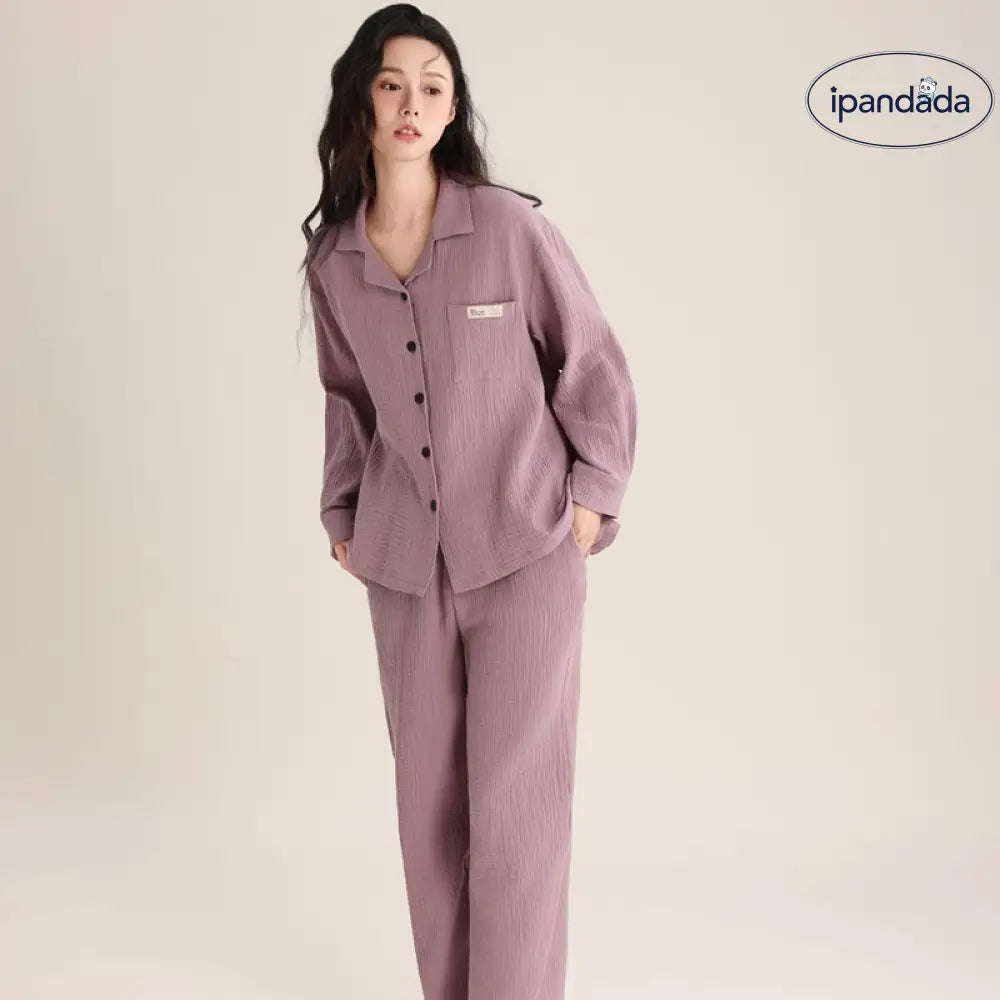 春秋 カップル パジャマ 柔らかい 綿 ダブルレイヤー シフォンカラー 長袖 ロングパンツ 薄手 男女兼用 ルームウェア ID2726