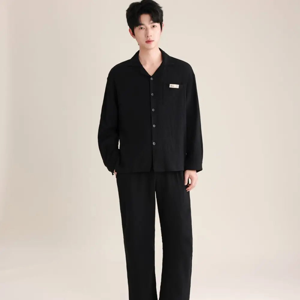 春秋 カップル パジャマ 柔らかい 綿 ダブルレイヤー シフォンカラー 長袖 ロングパンツ 薄手 男女兼用 ルームウェア ID2726 男性 ブラック / レディースＭ