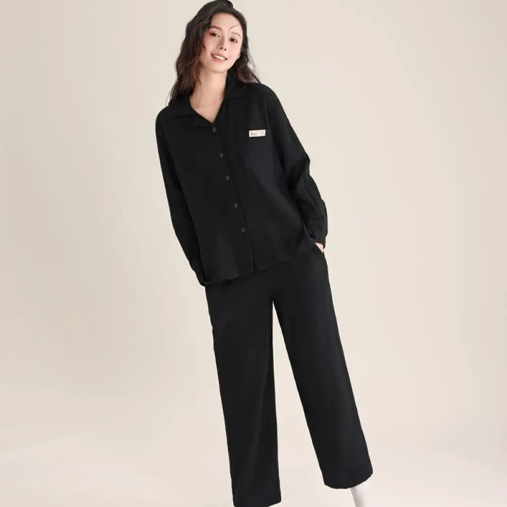 春秋 カップル パジャマ 柔らかい 綿 ダブルレイヤー シフォンカラー 長袖 ロングパンツ 薄手 男女兼用 ルームウェア ID2726 女性 ブラック / レディースＭ