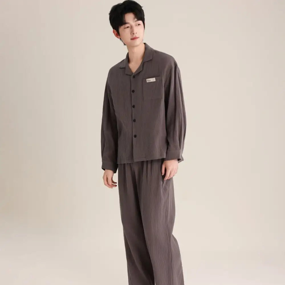 春秋 カップル パジャマ 柔らかい 綿 ダブルレイヤー シフォンカラー 長袖 ロングパンツ 薄手 男女兼用 ルームウェア ID2726 男性 ブラウン / レディースＭ