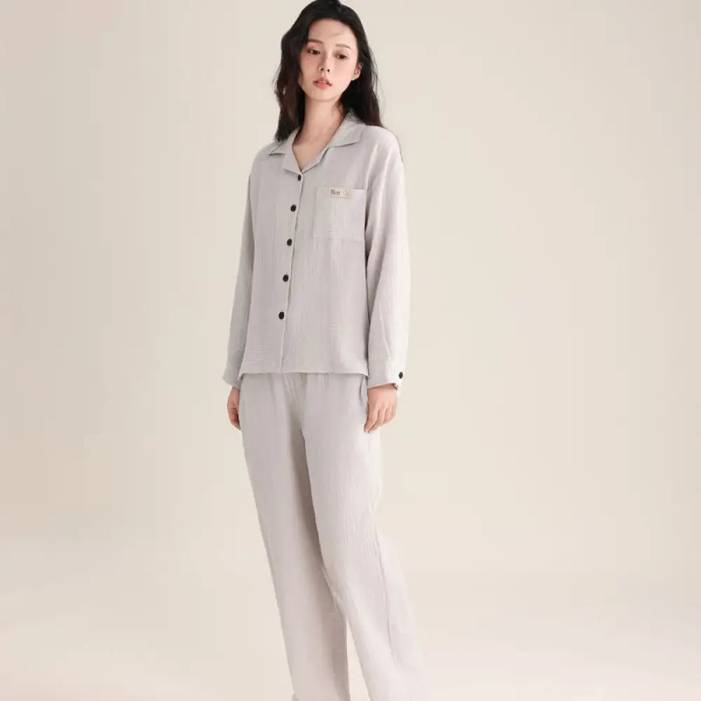 春秋 カップル パジャマ 柔らかい 綿 ダブルレイヤー シフォンカラー 長袖 ロングパンツ 薄手 男女兼用 ルームウェア ID2726 女性 グレー / レディースＭ