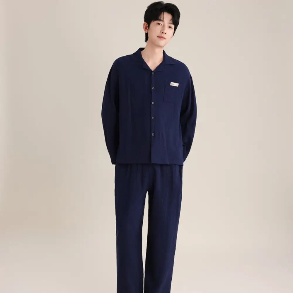 春秋 カップル パジャマ 柔らかい 綿 ダブルレイヤー シフォンカラー 長袖 ロングパンツ 薄手 男女兼用 ルームウェア ID2726 男性 ネイビー / レディースＭ