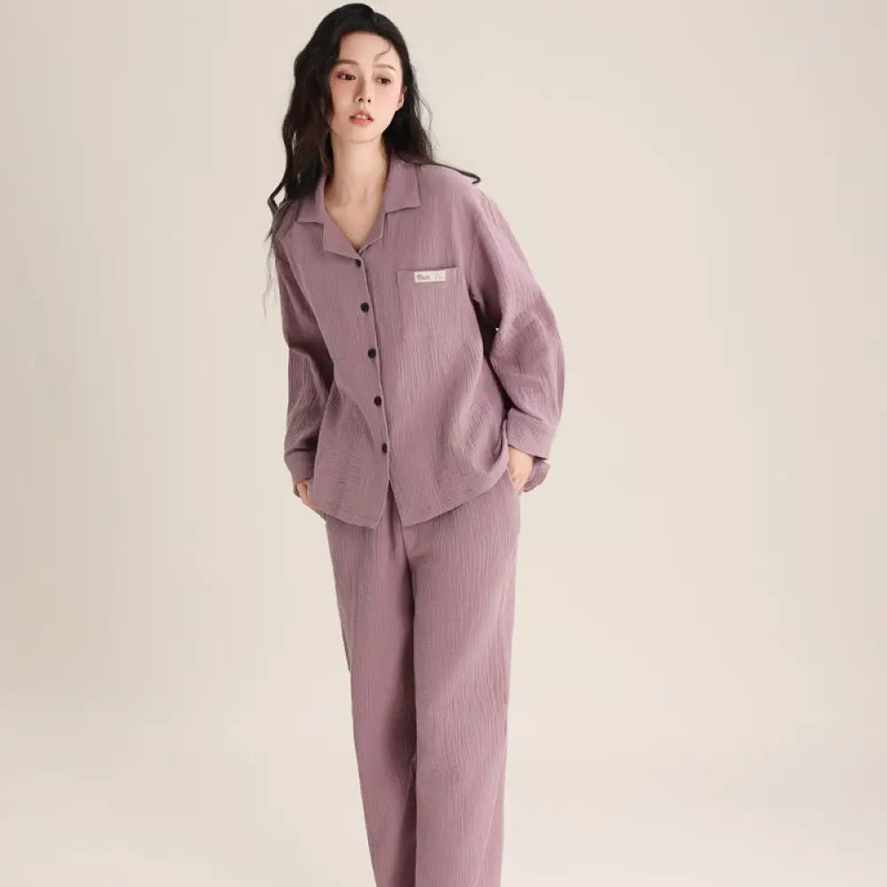 春秋 カップル パジャマ 柔らかい 綿 ダブルレイヤー シフォンカラー 長袖 ロングパンツ 薄手 男女兼用 ルームウェア ID2726 女性 パープル / レディースＭ