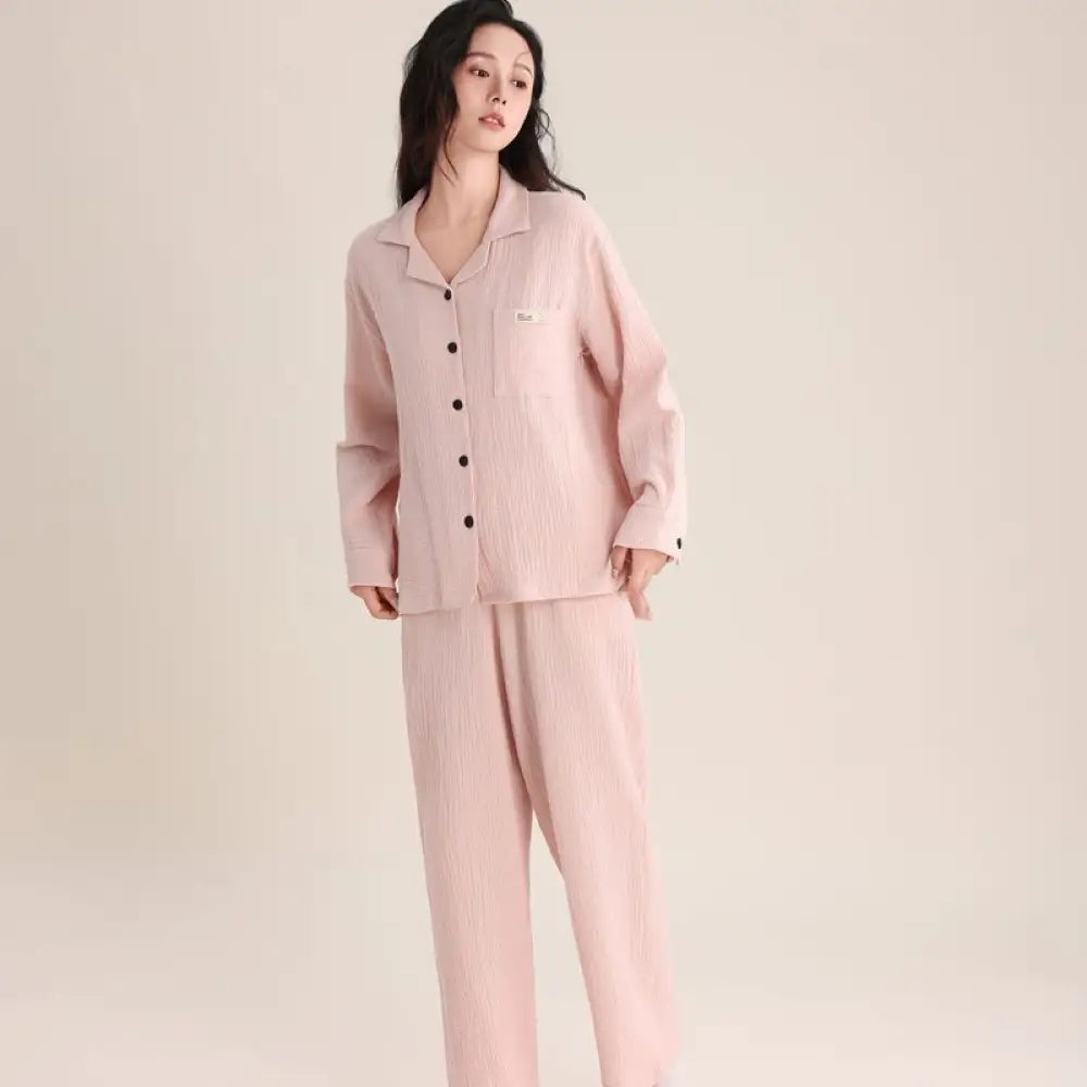 春秋 カップル パジャマ 柔らかい 綿 ダブルレイヤー シフォンカラー 長袖 ロングパンツ 薄手 男女兼用 ルームウェア ID2726 女性 ピンク / レディースＭ