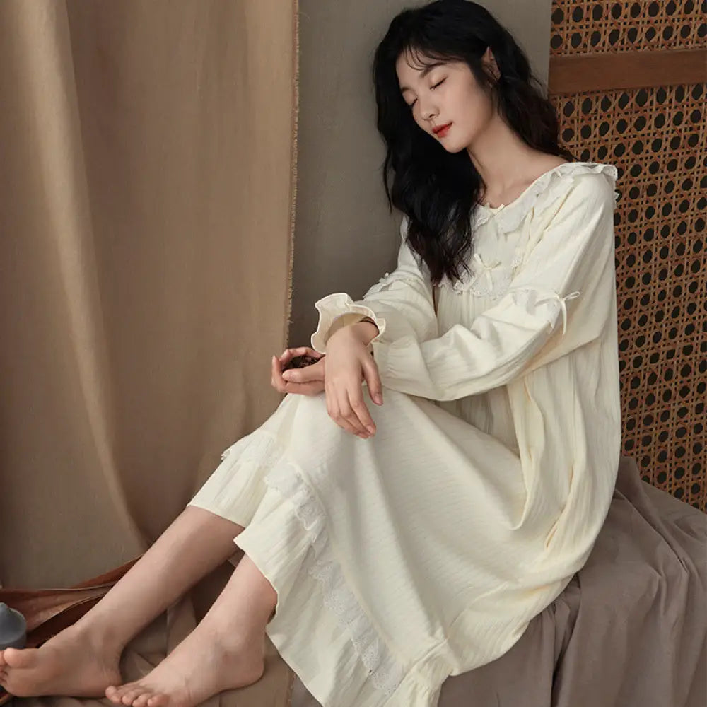 春秋 綿 長袖 レディース ナイトガウン 無地 カジュアル ゆったり 快適 ルームウェア 薄手 柔らか 入院 出産 部屋着 寝巻き ID4277 アイボリー / M レディース＞ワンピース