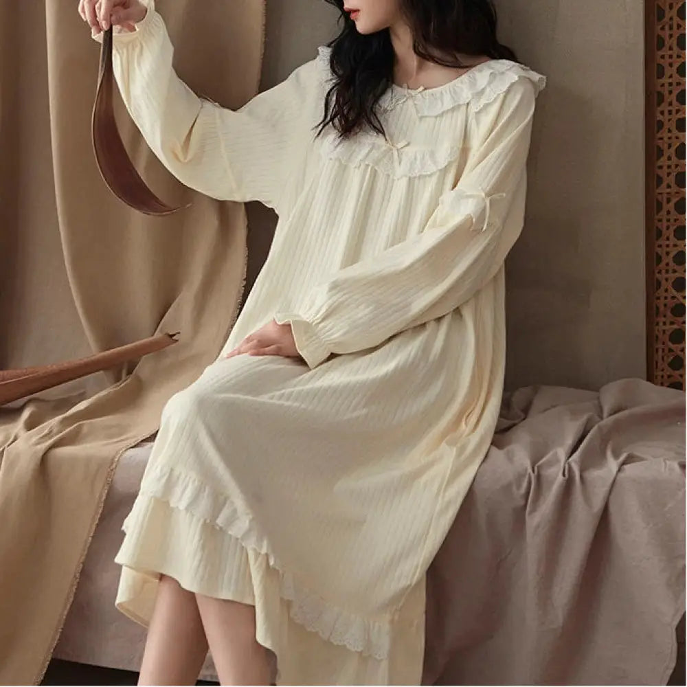 春秋 綿 長袖 レディース ナイトガウン 無地 カジュアル ゆったり 快適 ルームウェア 薄手 柔らか 入院 出産 部屋着 寝巻き ID4277 レディース＞ワンピース