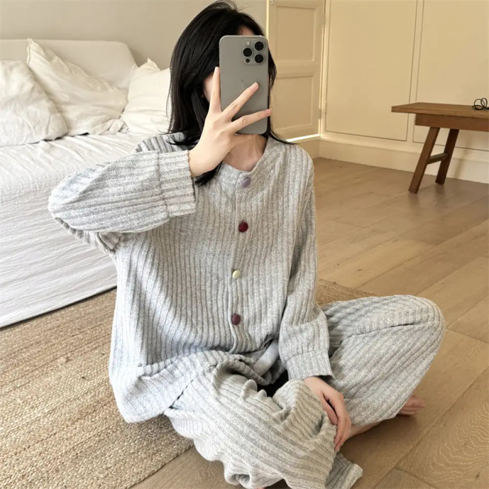 春秋 パイル ストライプ パジャマ 女性 シンプル 韓国風 インスタ風 長袖 長ズボン 厚手 保温 部屋着 セット ID2513 グレー / M