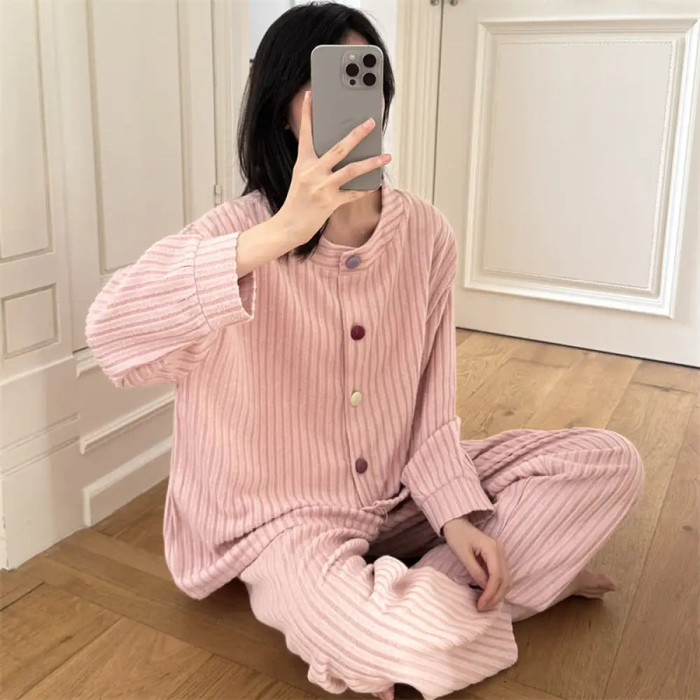 春秋 パイル ストライプ パジャマ 女性 シンプル 韓国風 インスタ風 長袖 長ズボン 厚手 保温 部屋着 セット ID2513 ピンク / M