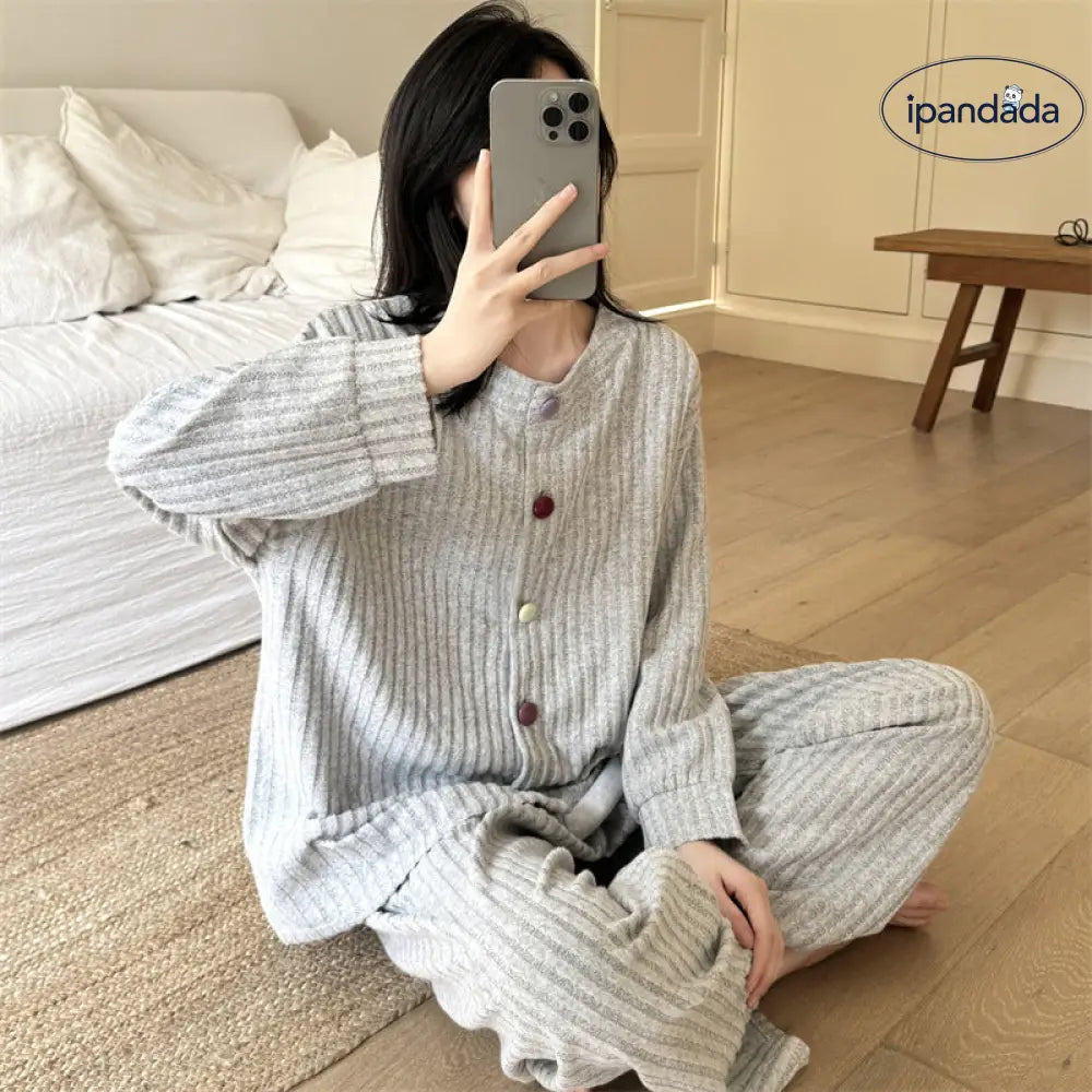 春秋 パイル ストライプ パジャマ 女性 シンプル 韓国風 インスタ風 長袖 長ズボン 厚手 保温 部屋着 セット ID2513