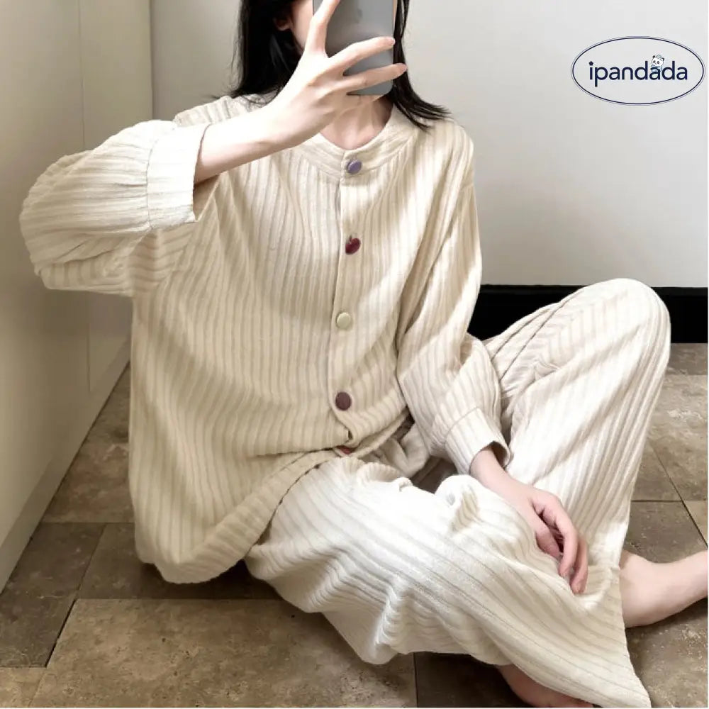 春秋 パイル ストライプ パジャマ 女性 シンプル 韓国風 インスタ風 長袖 長ズボン 厚手 保温 部屋着 セット ID2513