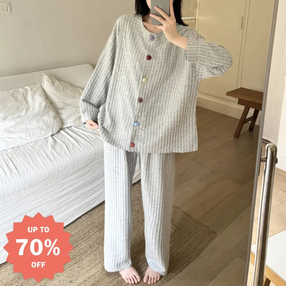 春秋 パイル ストライプ パジャマ 女性 シンプル 韓国風 インスタ風 長袖 長ズボン 厚手 保温 部屋着 セット ID2513