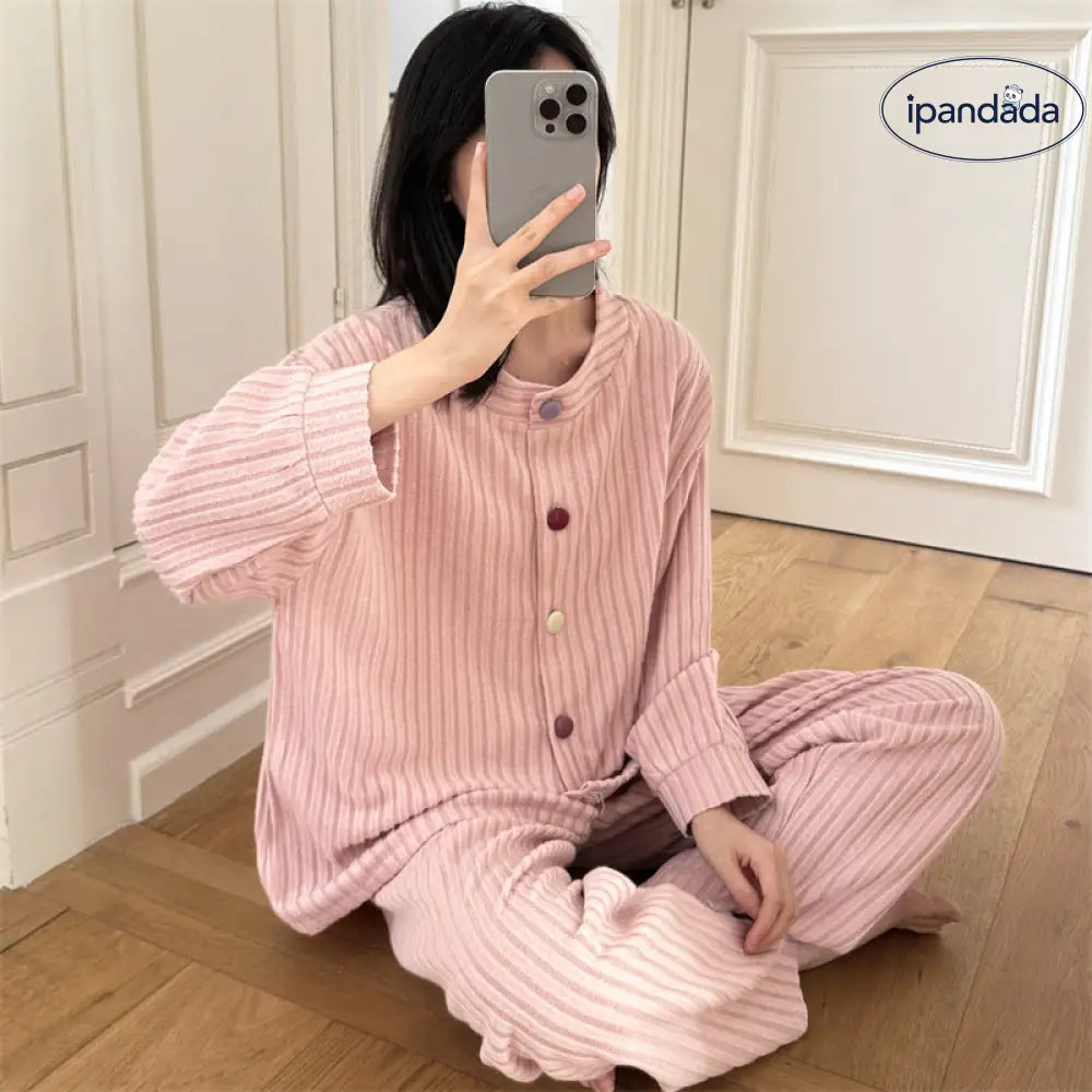 春秋 パイル ストライプ パジャマ 女性 シンプル 韓国風 インスタ風 長袖 長ズボン 厚手 保温 部屋着 セット ID2513