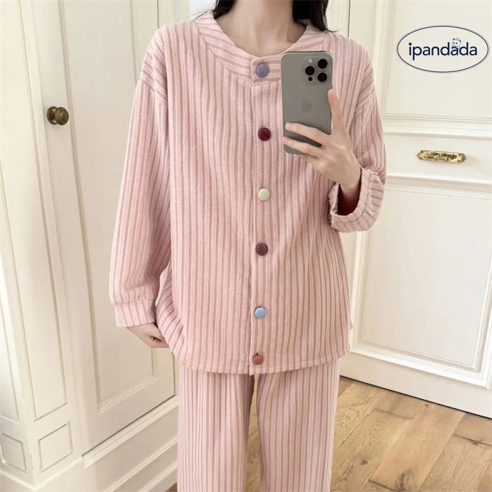 春秋 パイル ストライプ パジャマ 女性 シンプル 韓国風 インスタ風 長袖 長ズボン 厚手 保温 部屋着 セット ID2513