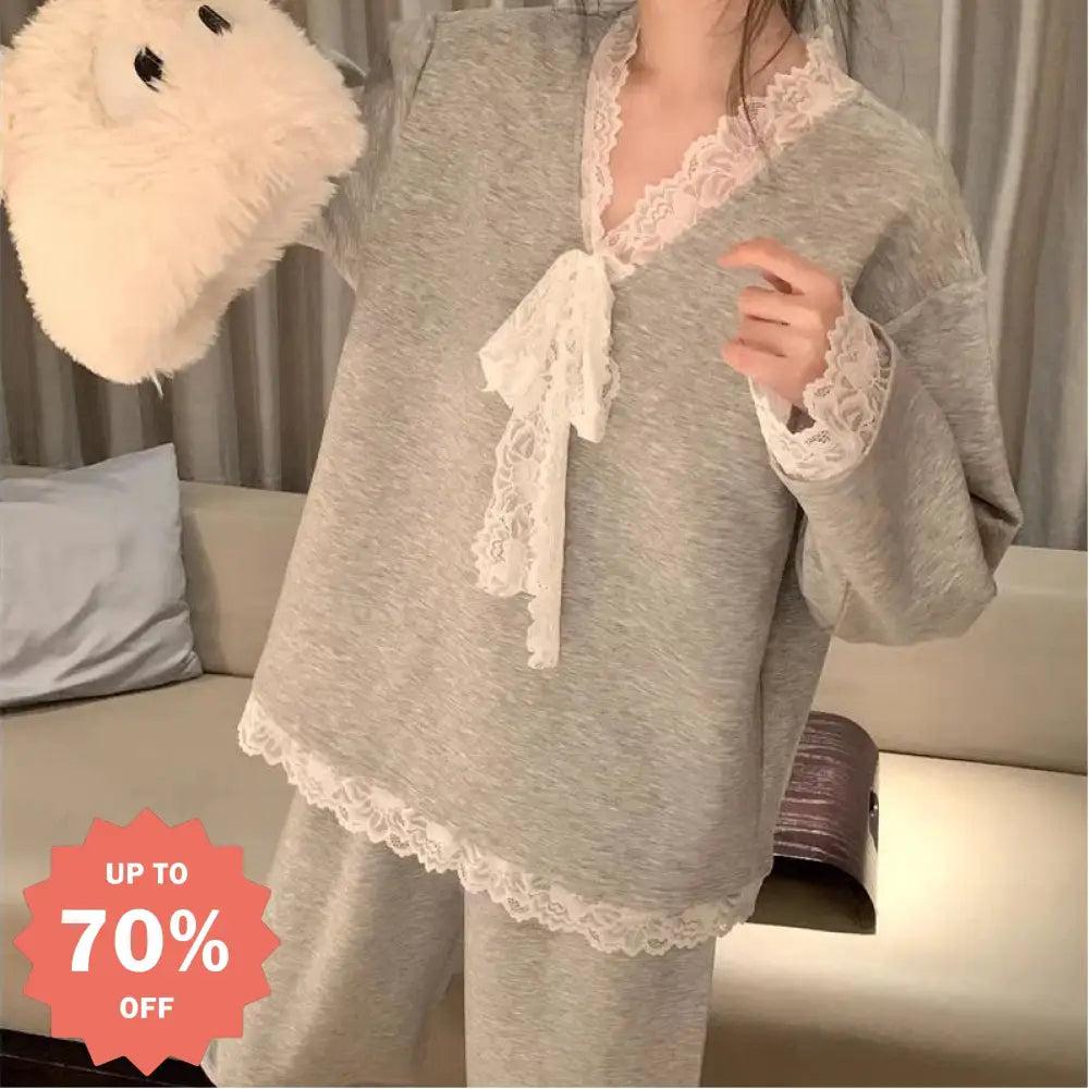 春秋 レディース かわいい グレー 韓国風 パジャマ 長袖 ロングパンツ ルームウェア かわいい 大きいサイズ 薄手 柔らか 入院 出産 部屋着 寝巻き ID4285 グレー / M レディース＞セットアップ