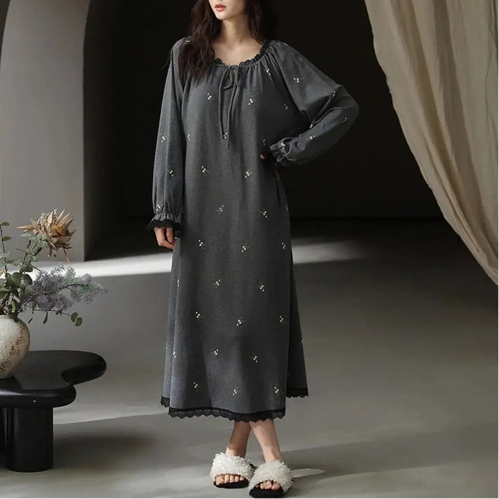 春秋 レディース 綿 長袖 コットン ナイトガウン パッド付き パジャマ ルームウェア 薄手 柔らか 入院 出産 部屋着 寝巻き ID4276 写真通り / M レディース＞ワンピース