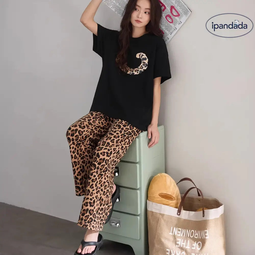 春 秋 夏 レオパード柄 レディース パジャマ 半袖 長ズボン クルーネック カジュアル ルームウェア セットアップ ID4557 レディース＞セットアップ