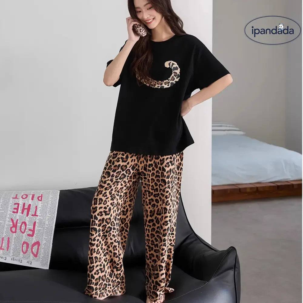 春 秋 夏 レオパード柄 レディース パジャマ 半袖 長ズボン クルーネック カジュアル ルームウェア セットアップ ID4557 レディース＞セットアップ