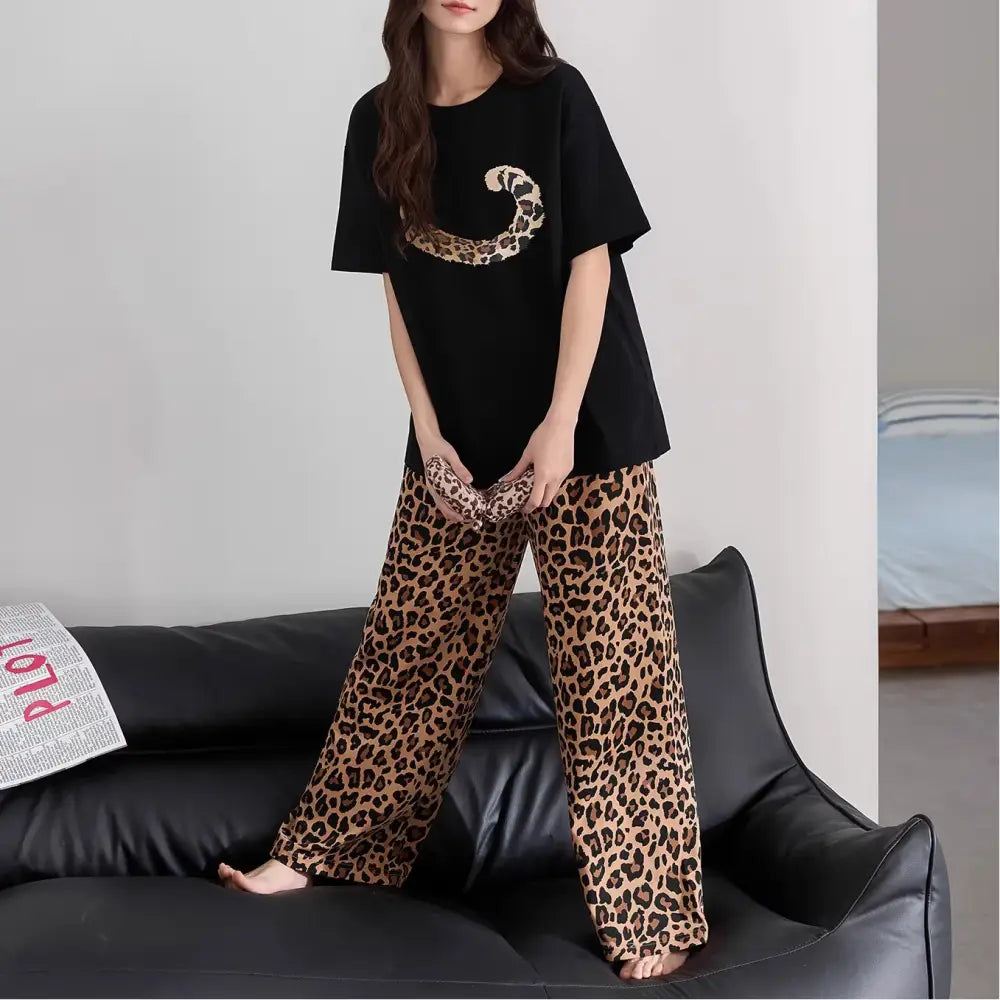 春 秋 夏 レオパード柄 レディース パジャマ 半袖 長ズボン クルーネック カジュアル ルームウェア セットアップ ID4557 写真通り / M レディース＞セットアップ