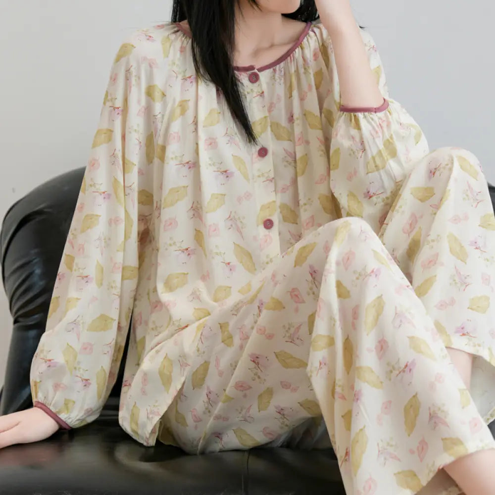 春秋夏用 コットンシルク パジャマ レディース 長袖 長パンツ 薄手 夏涼しい マタニティウェア シルクセット 大きいサイズ ID2236 タイプ② / L レディース＞セットアップ