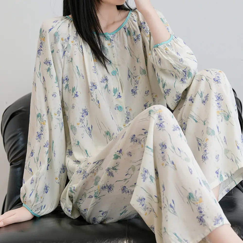 春秋夏用 コットンシルク パジャマ レディース 長袖 長パンツ 薄手 夏涼しい マタニティウェア シルクセット 大きいサイズ ID2236 タイプ③ / L レディース＞セットアップ