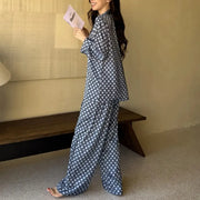 春秋 新作 高級感 パジャマ セット ゆったり 大きいサイズ ルームウェア 長袖 シルク ウェア レディース ID4349 ブルー / M