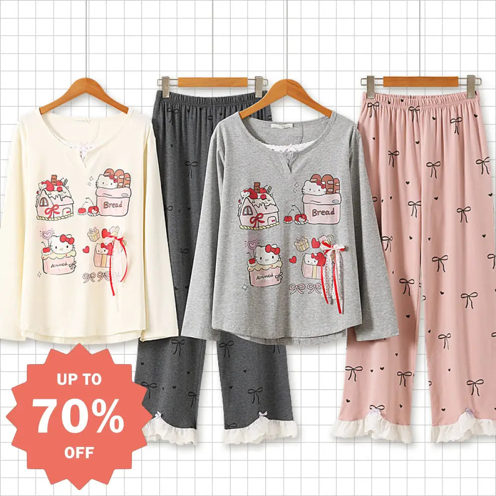 春秋 新作 カートゥーン 猫柄 パジャマ レディース セットアップ 2点セット ゆったり 部屋着 寝巻 ルーズ 丸首 可愛い ルームウェア 長袖 長ズボン セット ID4597 レディース＞セットアップ