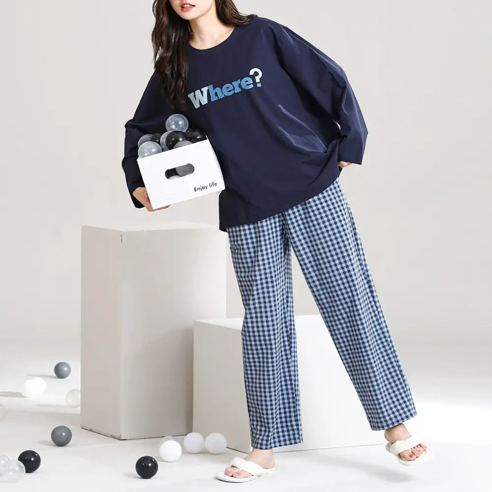 春秋 新作 女性用 パジャマ 柔らかい コットン 長袖 ルームウェア チェック柄 パンツ 大きいサイズ 学生 外出可能 カジュアル セット ID2361