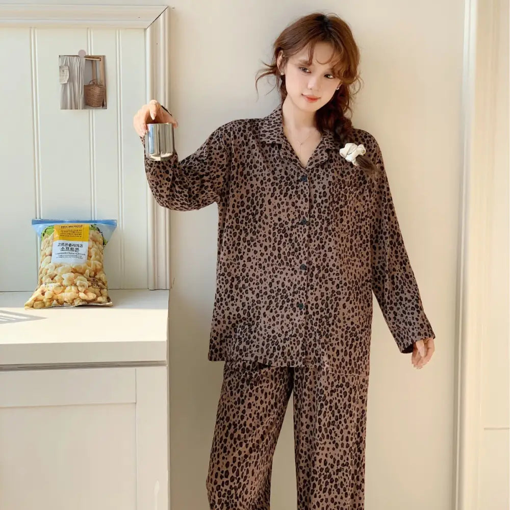 春 秋 新作 レオパード パジャマ セット 長袖 レディース ルームウェア 部屋着 カジュアル ゆったり 2点セット ID4166 ブラウン / M