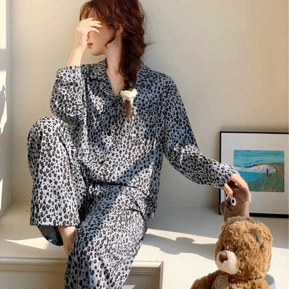 春 秋 新作 レオパード パジャマ セット 長袖 レディース ルームウェア 部屋着 カジュアル ゆったり 2点セット ID4166 ブルー / M