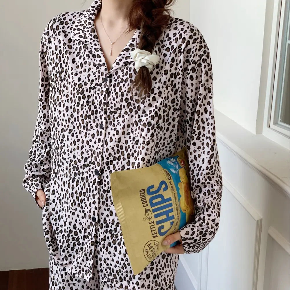 春 秋 新作 レオパード パジャマ セット 長袖 レディース ルームウェア 部屋着 カジュアル ゆったり 2点セット ID4166 ピンク / M