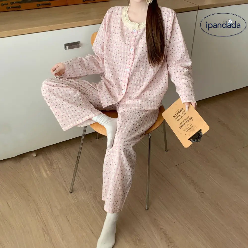 春秋用 女 レディース ピンク チェック 花柄 パジャマ 可愛らしい 長袖 秋 ルームウェアセット ガーゼ 部屋着 ゆったり ID2135 ピンク / M レディース>セットアップ