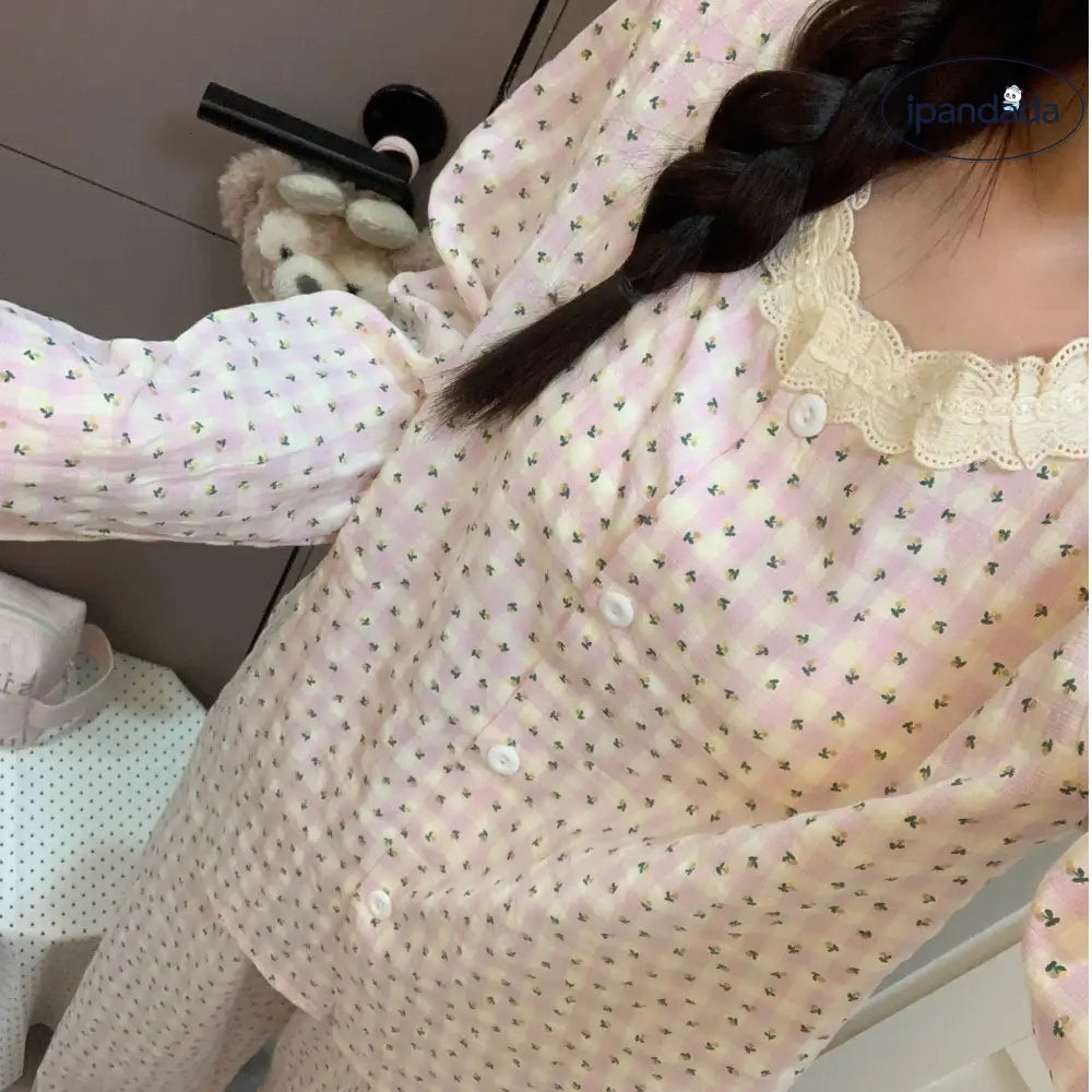 春秋用 女 レディース ピンク チェック 花柄 パジャマ 可愛らしい 長袖 秋 ルームウェアセット ガーゼ 部屋着 ゆったり ID2135