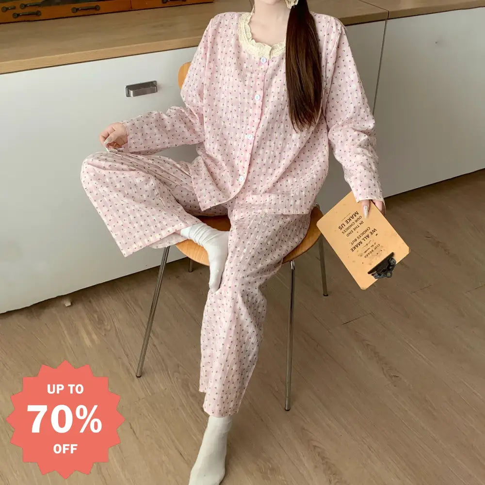 春秋用 女 レディース ピンク チェック 花柄 パジャマ 可愛らしい 長袖 秋 ルームウェアセット ガーゼ 部屋着 ゆったり ID2135