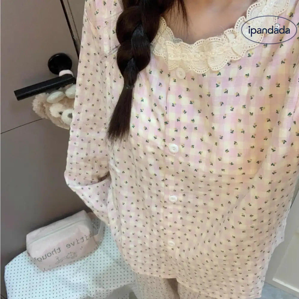 春秋用 女 レディース ピンク チェック 花柄 パジャマ 可愛らしい 長袖 秋 ルームウェアセット ガーゼ 部屋着 ゆったり ID2135