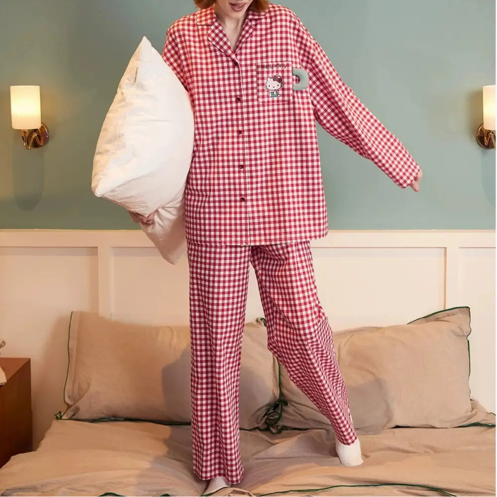 春秋用 パジャマ K T猫 レッドチェック 可愛い レディース コットン ルームウェアセット ID3890 レッド / S